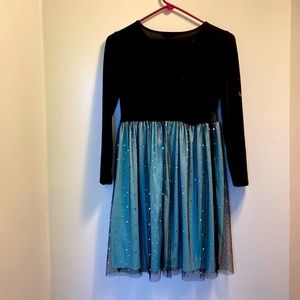 Teal and black long sleeve velvet dress